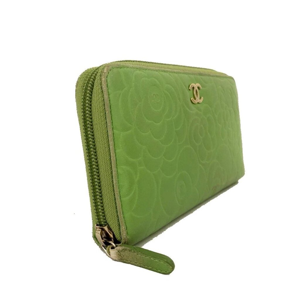 EGA CHANEL Camellia CC Logo Lambskin Zip Around Long Wallet Green*/8BL0389 - Picture 2 of 8